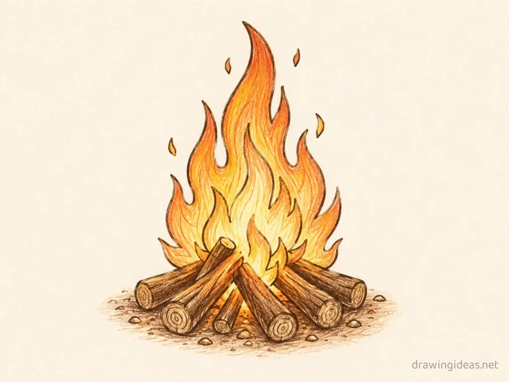 Fire drawing — hand-drawn fire illustration with ink lines and soft colors